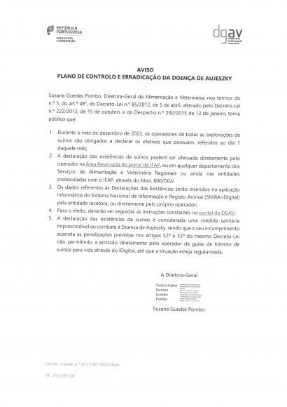 AVISO: Registo de Su&iacute;nos 